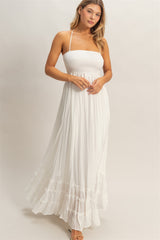 White Smocked Halter Open Back Maxi Dress