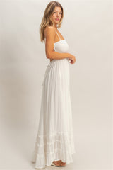 White Smocked Halter Open Back Maxi Dress