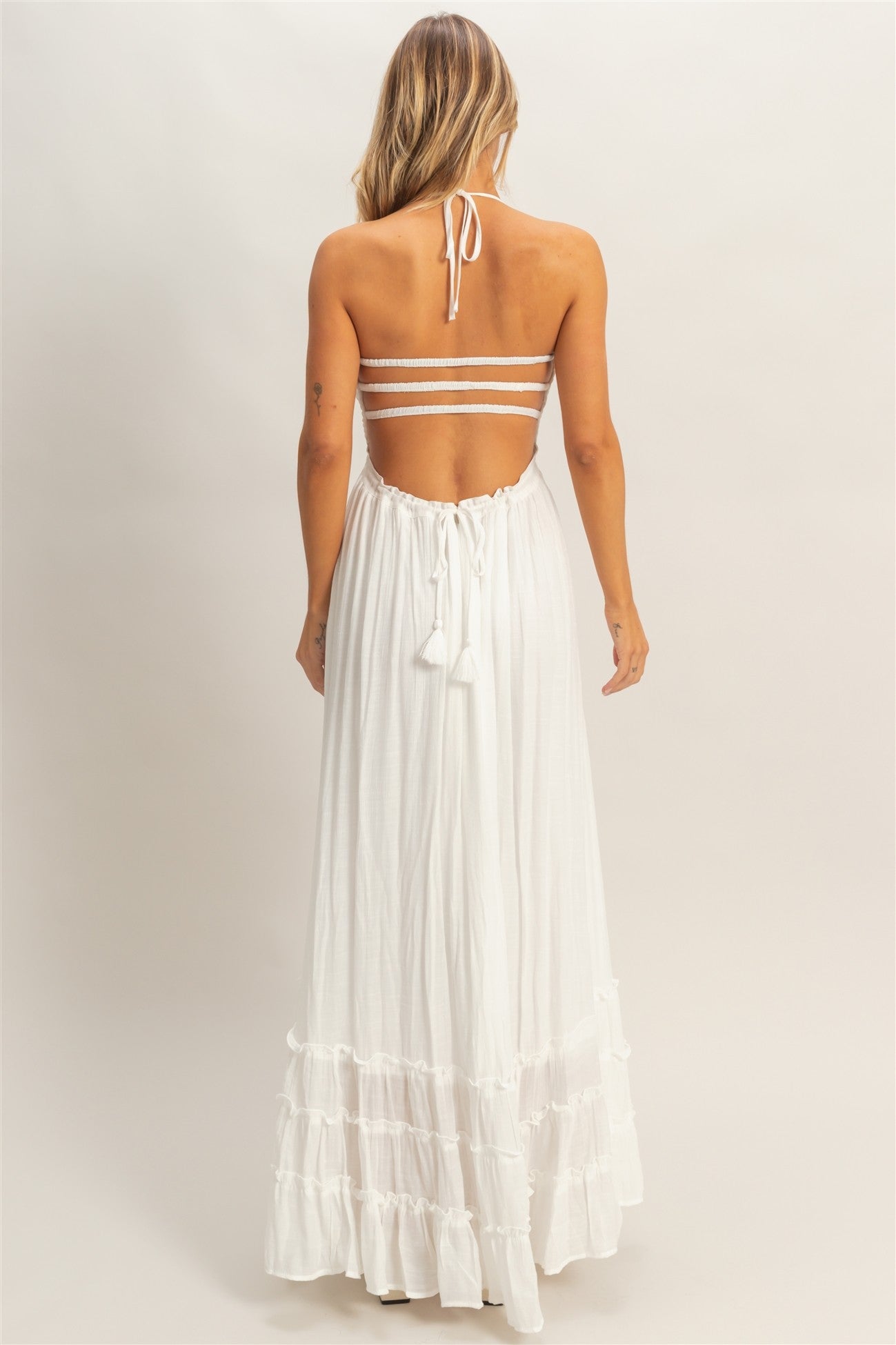 White Smocked Halter Open Back Maxi Dress