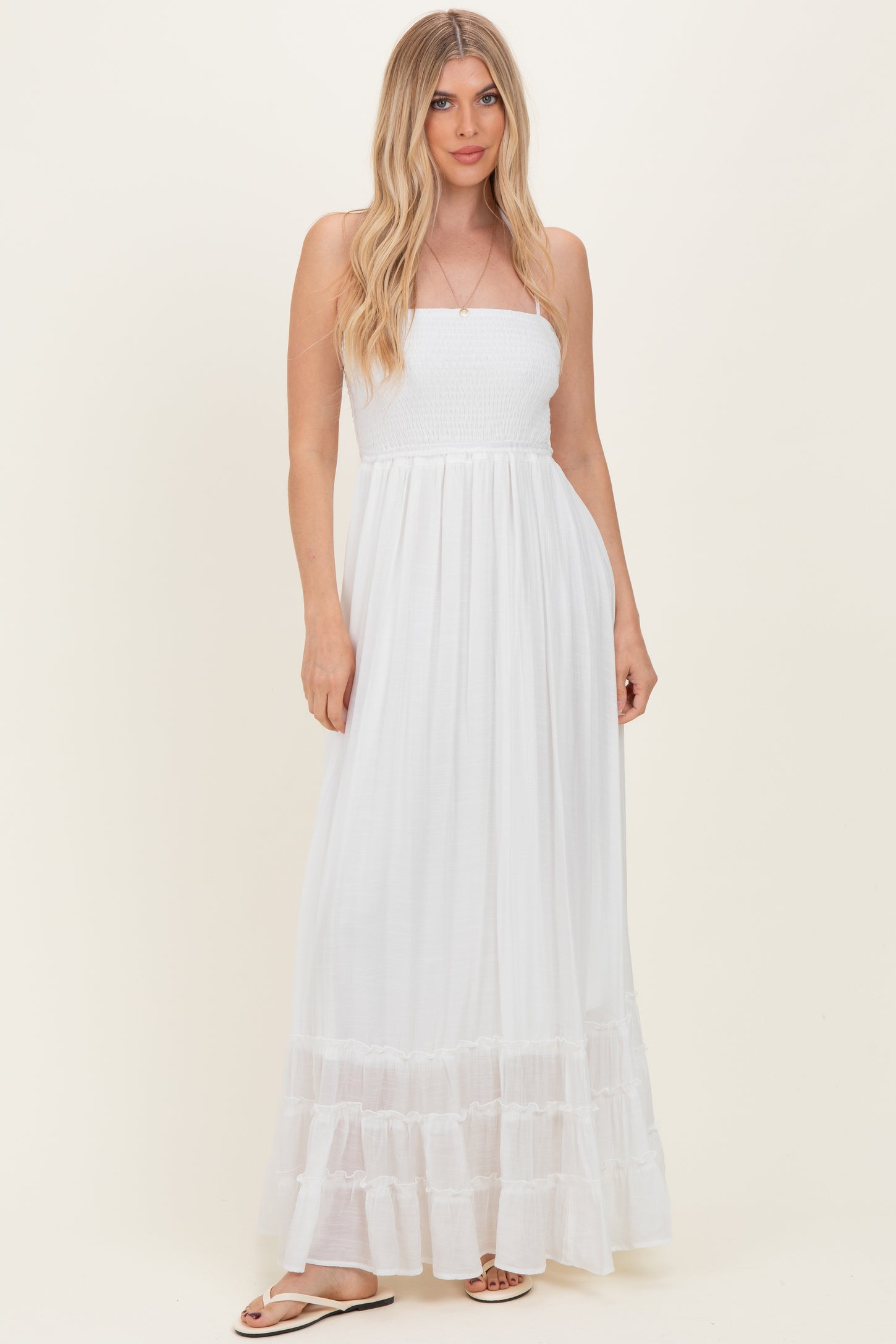 White Smocked Halter Open Back Maternity Maxi Dress