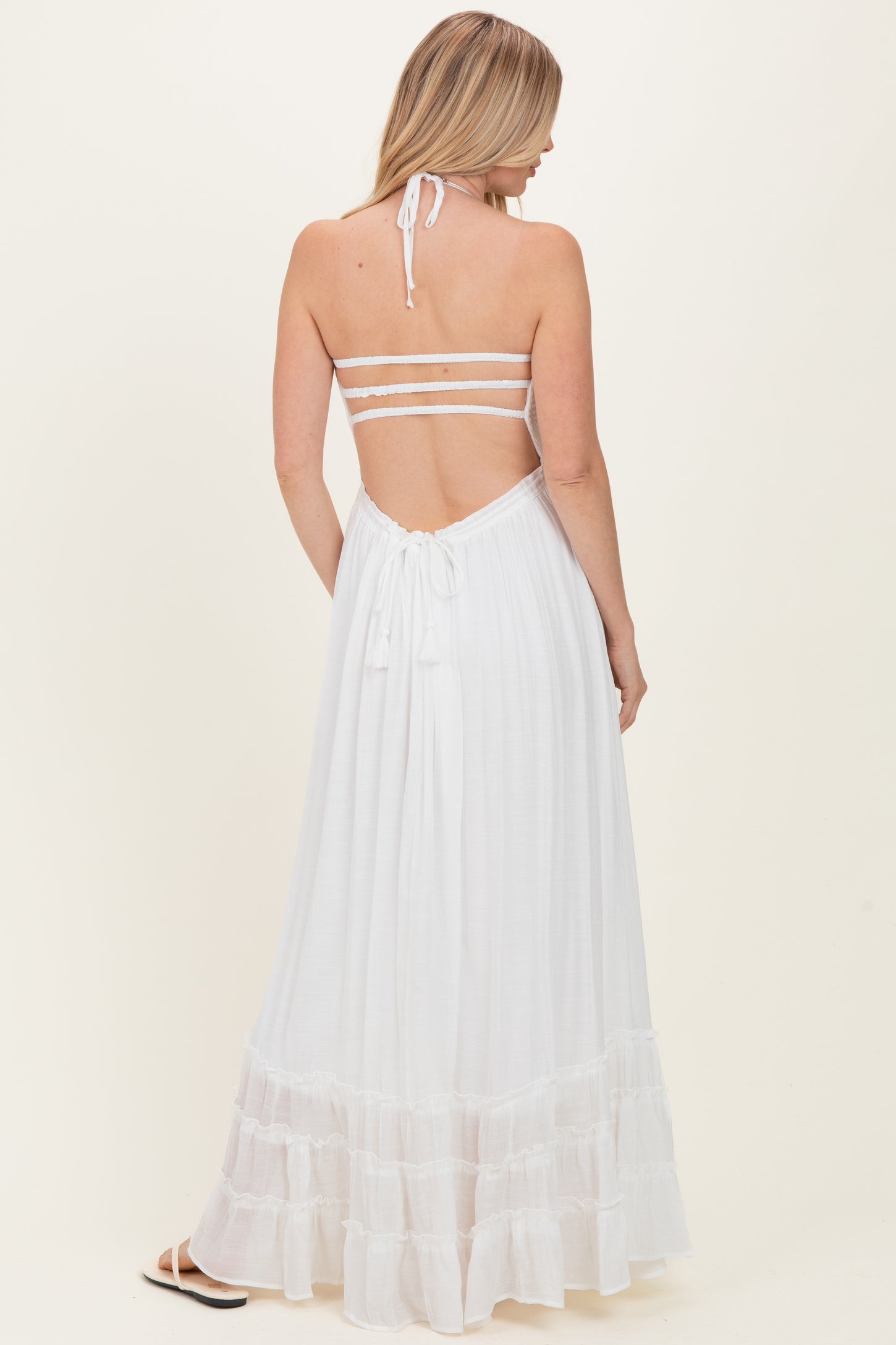 White Smocked Halter Open Back Maxi Dress