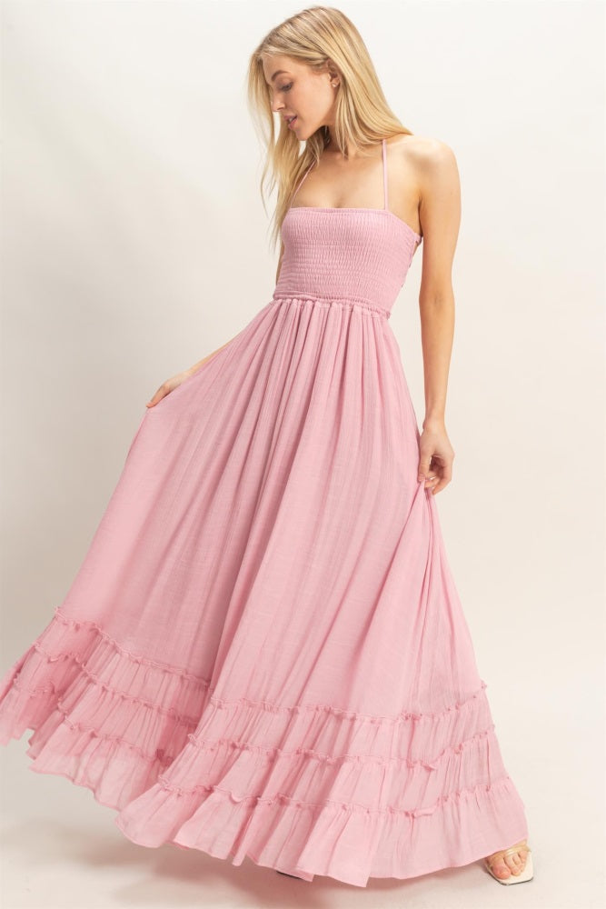 Light Pink Smocked Halter Open Back Maxi Dress