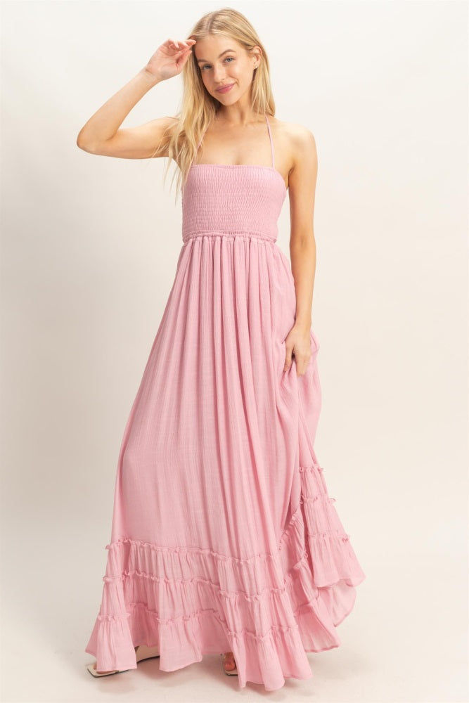 Light Pink Smocked Halter Open Back Maxi Dress