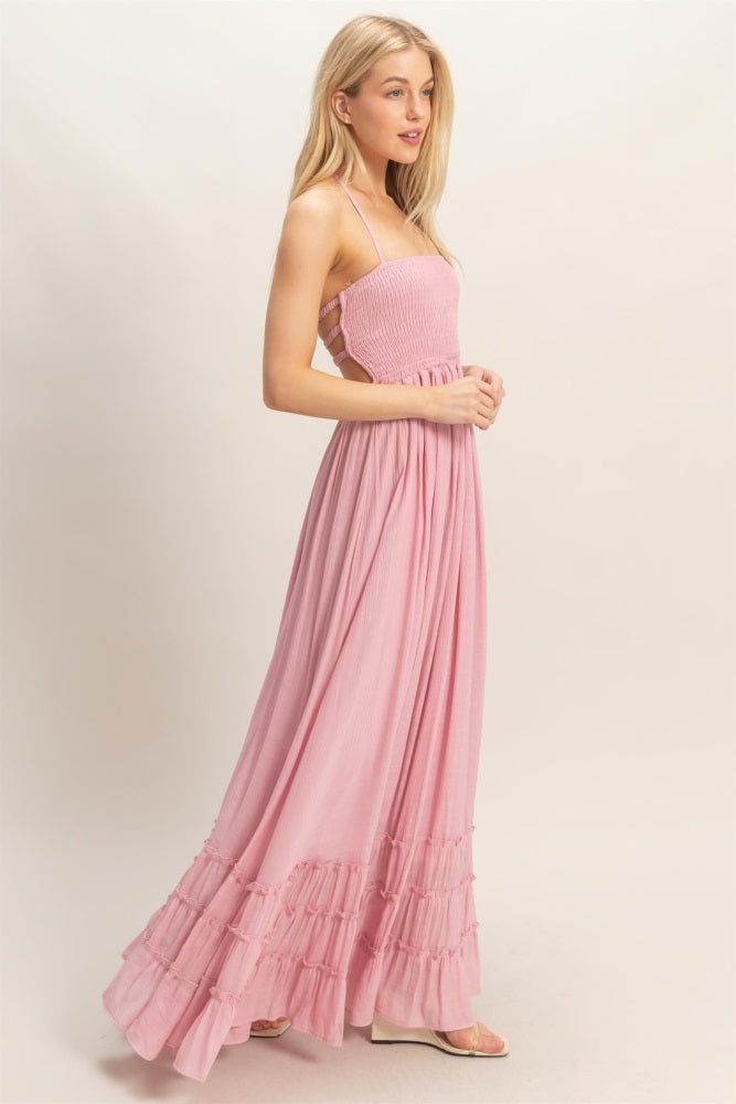 Light Pink Smocked Halter Open Back Maxi Dress
