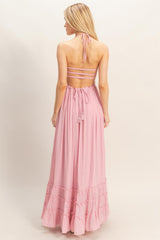 Light Pink Smocked Halter Open Back Maxi Dress