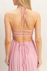 Light Pink Smocked Halter Open Back Maxi Dress