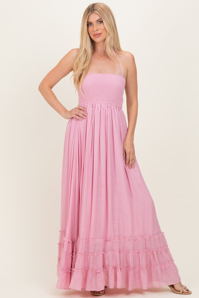Light Pink Smocked Halter Open Back Maxi Dress