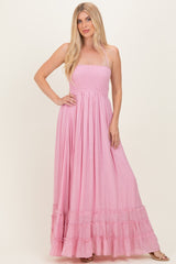 Light Pink Smocked Halter Open Back Maxi Dress