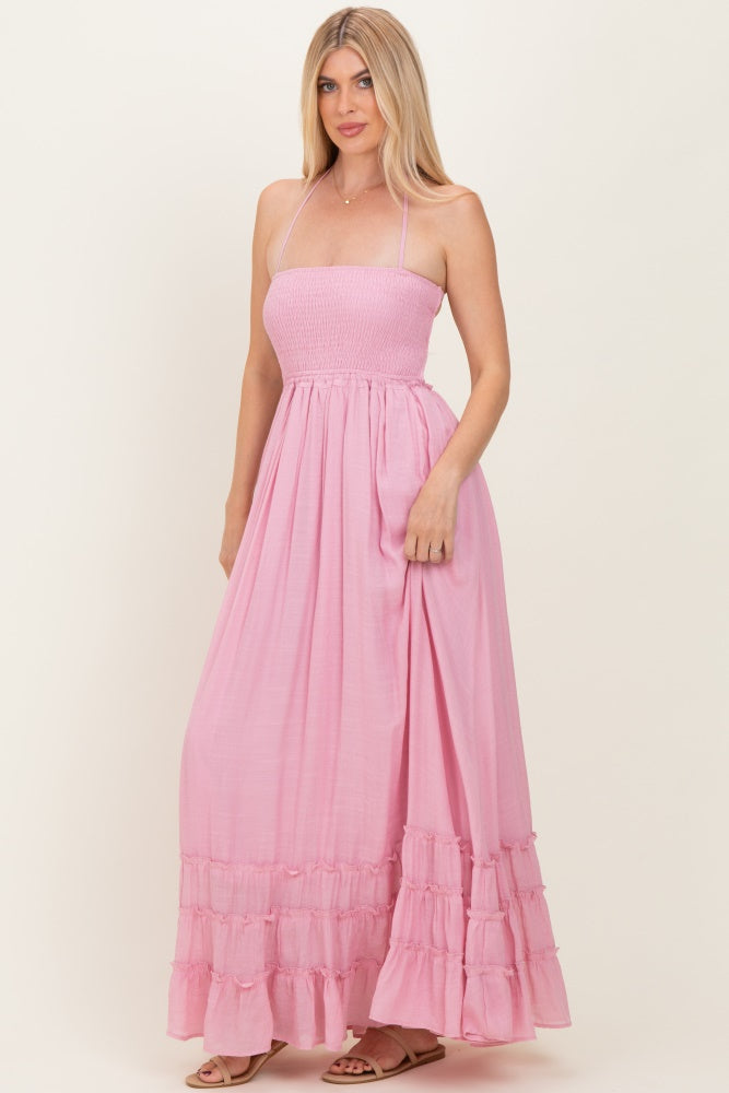 Light Pink Smocked Halter Open Back Maxi Dress
