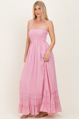 Light Pink Smocked Halter Open Back Maxi Dress