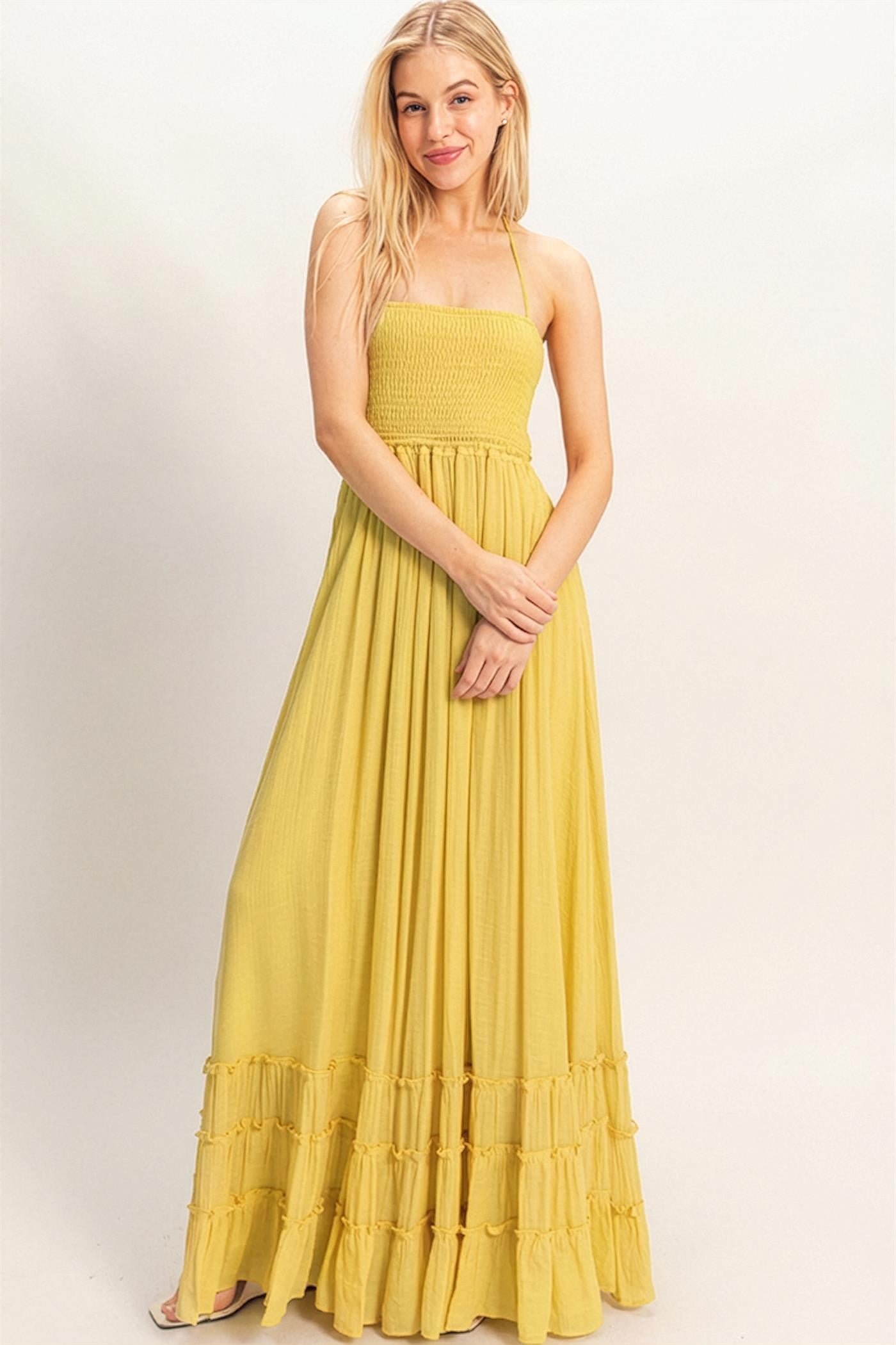 Yellow Smocked Halter Open Back Maxi Dress