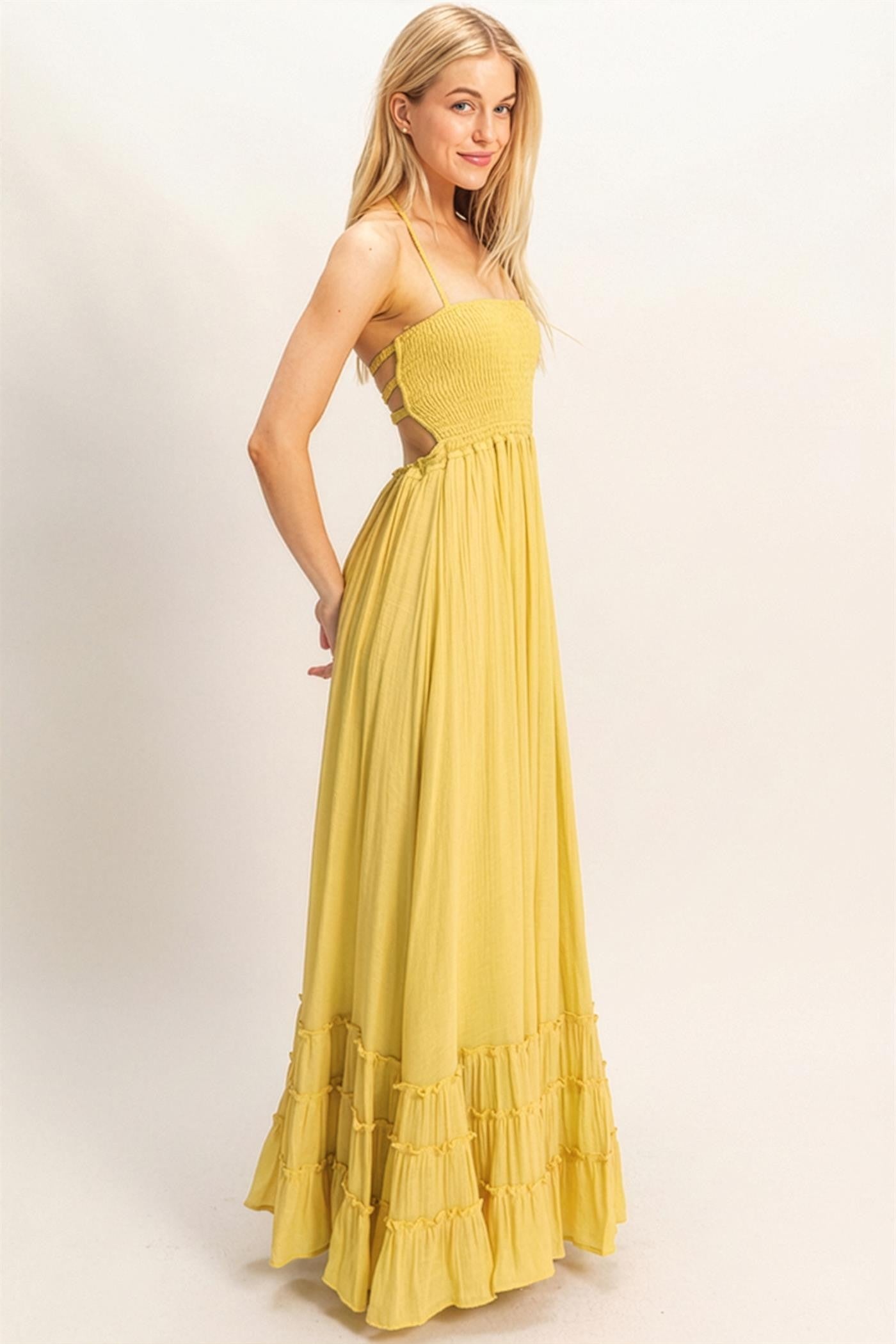 Yellow Smocked Halter Open Back Maxi Dress
