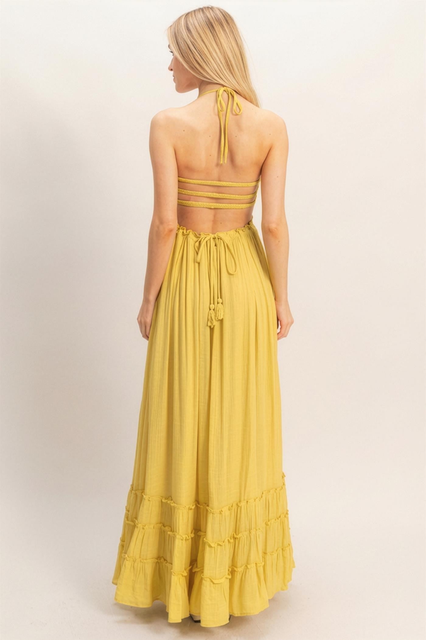 Yellow Smocked Halter Open Back Maxi Dress