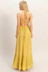 Yellow Smocked Halter Open Back Maxi Dress