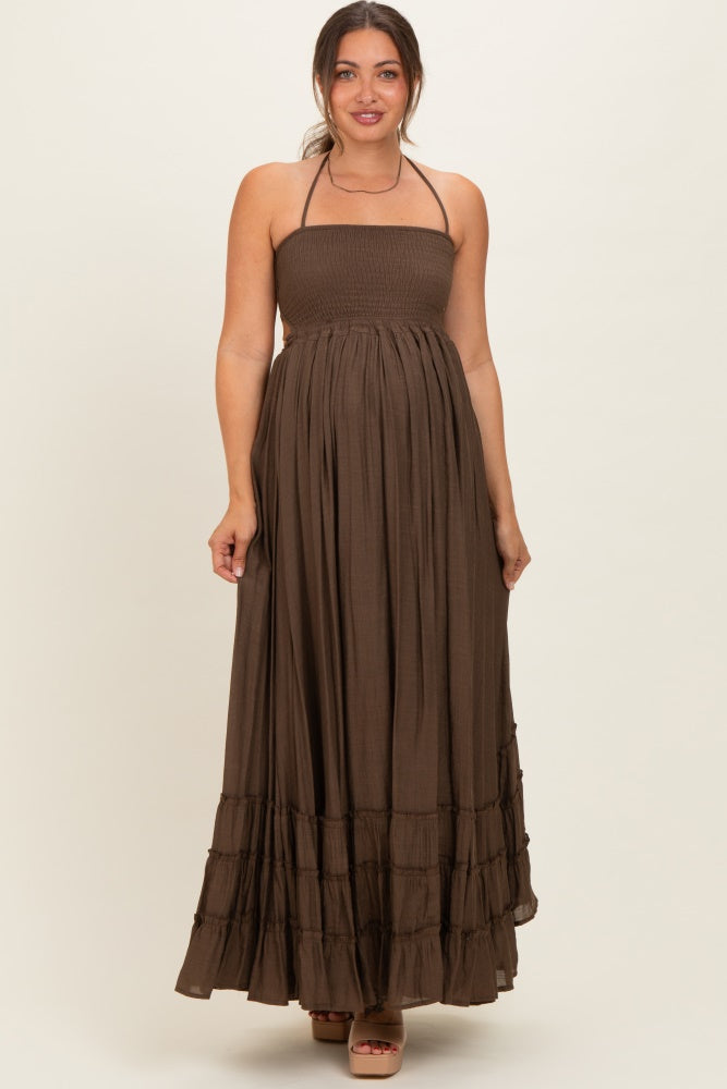 Chocolate Smocked Halter Open Back Maternity Maxi Dress