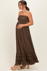 Chocolate Smocked Halter Open Back Maternity Maxi Dress