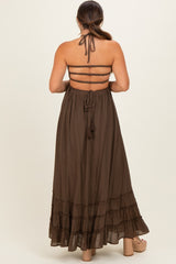 Chocolate Smocked Halter Open Back Maternity Maxi Dress