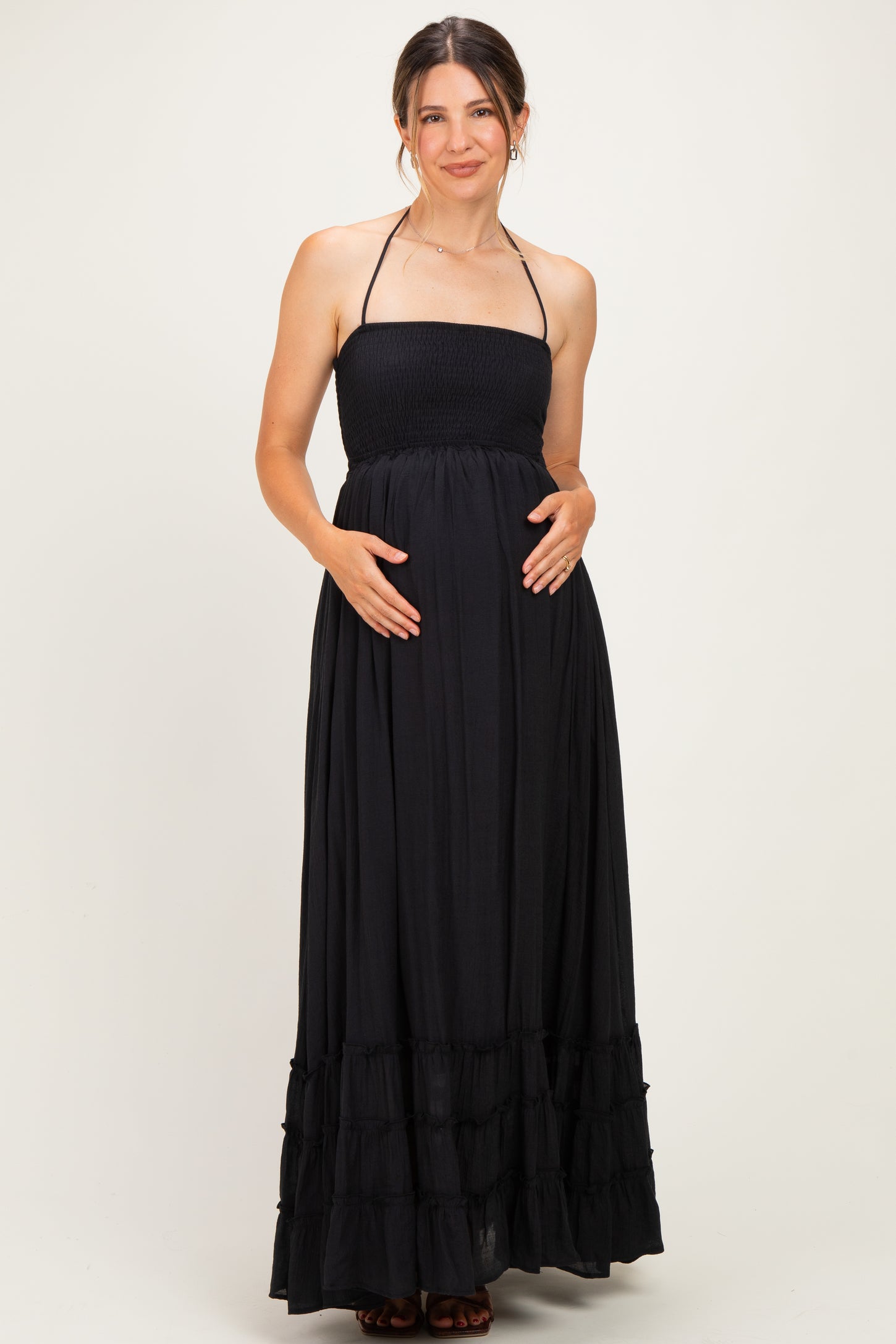 Black Smocked Halter Open Back Maternity Maxi Dress