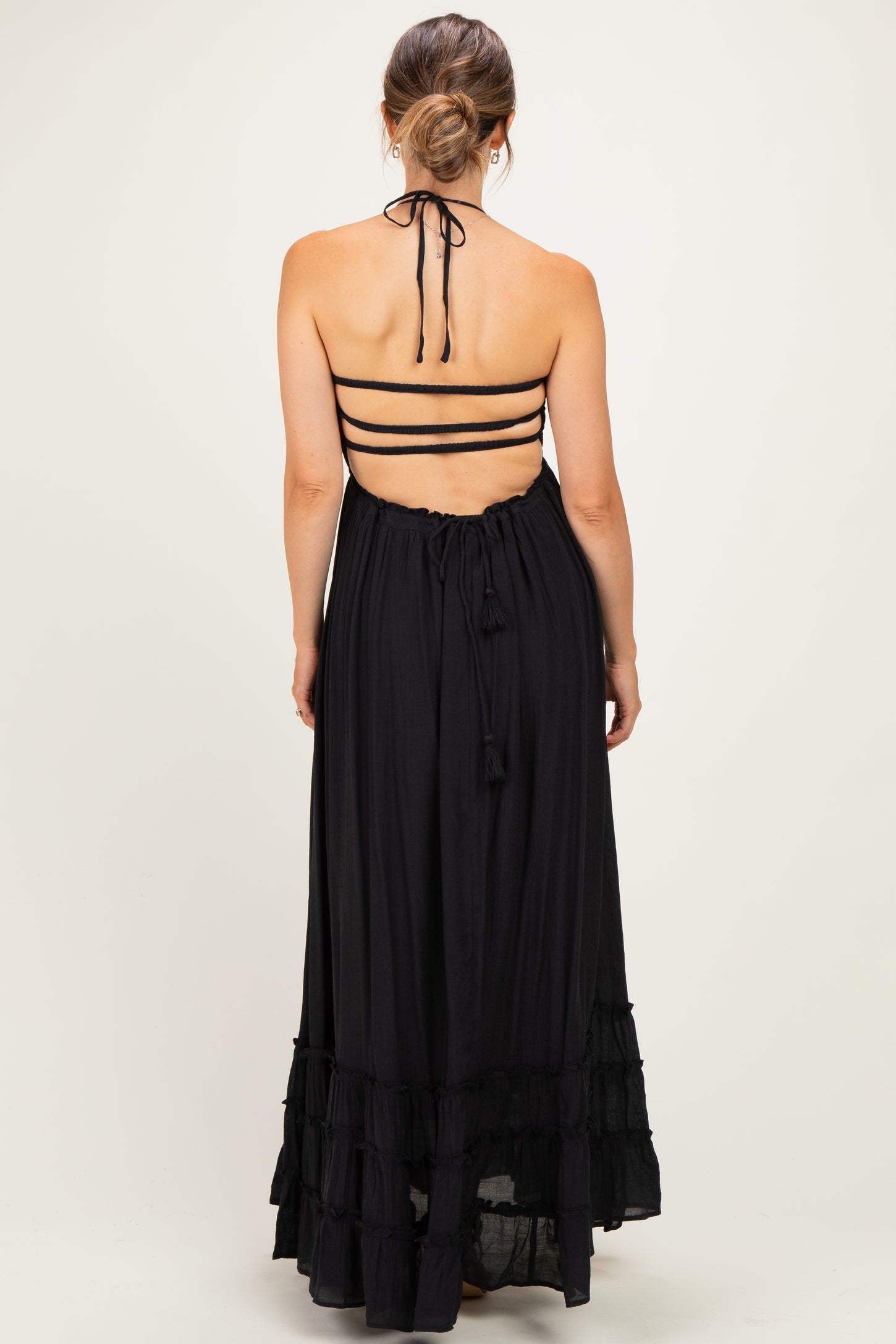 Black Smocked Halter Open Back Maternity Maxi Dress