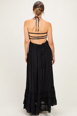 Black Smocked Halter Open Back Maternity Maxi Dress