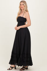 Black Smocked Halter Open Back Maxi Dress