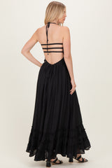 Black Smocked Halter Open Back Maxi Dress