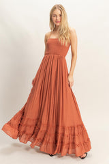 Rust Smocked Halter Open Back Maxi Dress