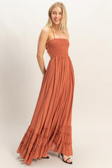 Rust Smocked Halter Open Back Maxi Dress