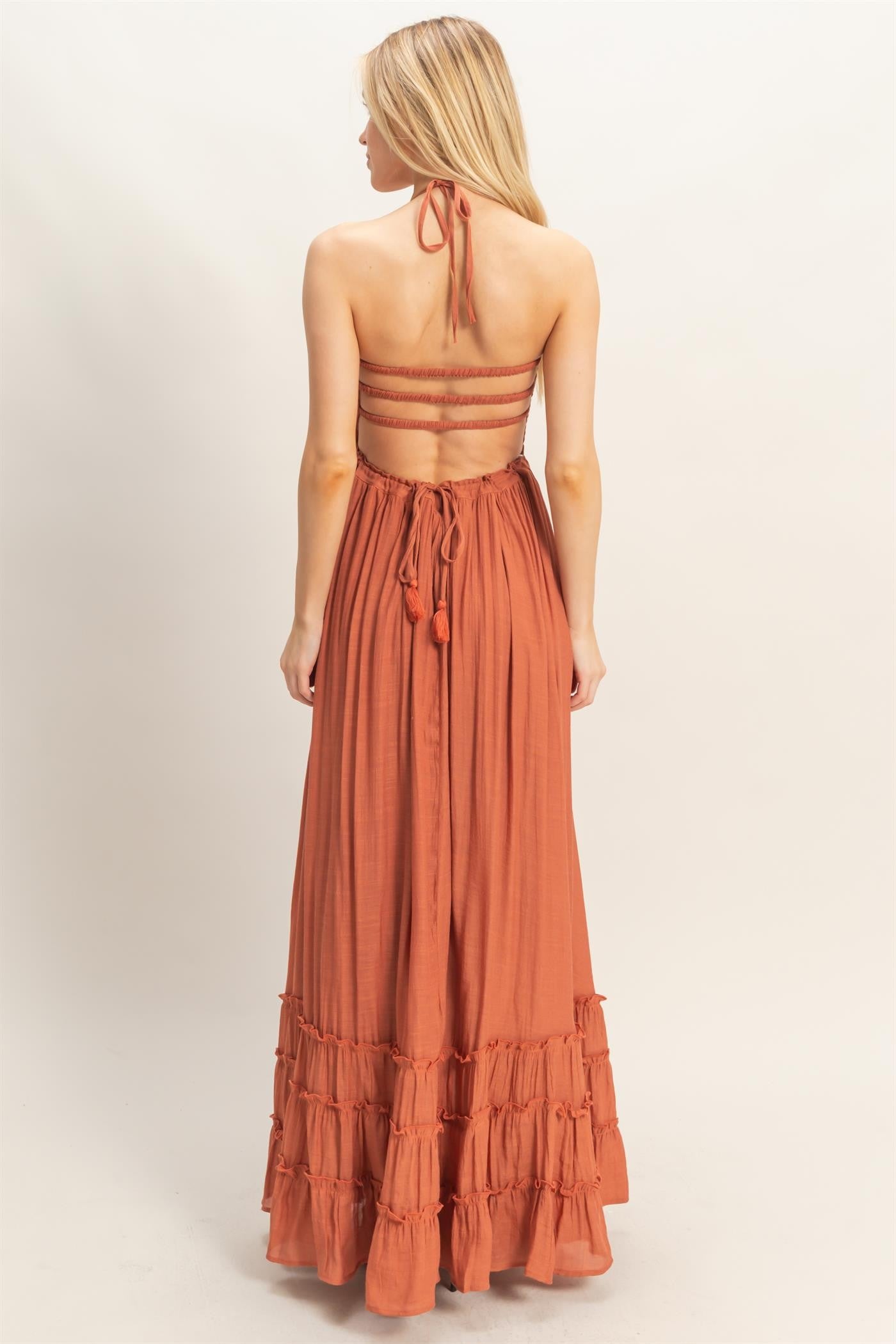 Rust Smocked Halter Open Back Maxi Dress