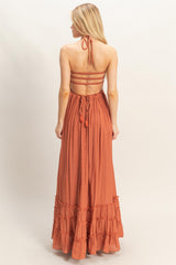 Rust Smocked Halter Open Back Maxi Dress