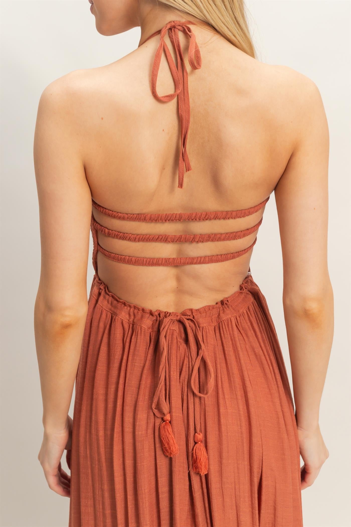 Rust Smocked Halter Open Back Maxi Dress