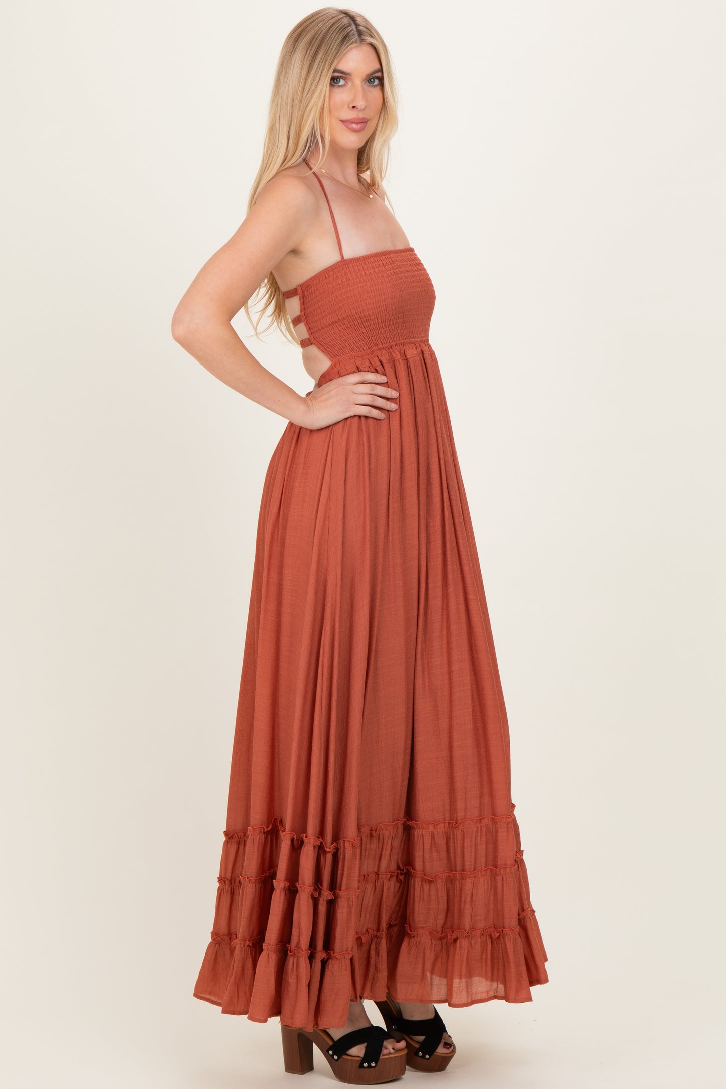 Rust Smocked Halter Open Back Maxi Dress