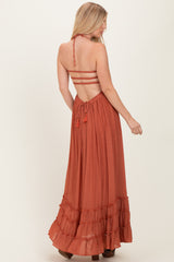 Rust Smocked Halter Open Back Maxi Dress