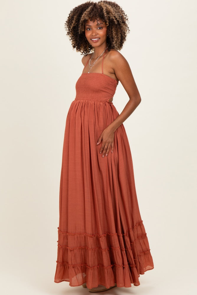 Rust Smocked Halter Open Back Maternity Maxi Dress