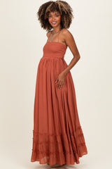 Rust Smocked Halter Open Back Maternity Maxi Dress