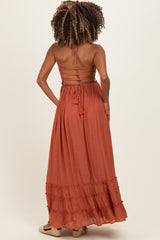 Rust Smocked Halter Open Back Maternity Maxi Dress