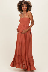 Rust Smocked Halter Open Back Maternity Maxi Dress