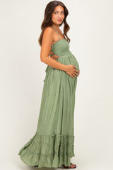Light Olive Smocked Halter Open Back Maternity Maxi Dress