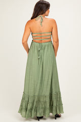 Light Olive Smocked Halter Open Back Maternity Maxi Dress