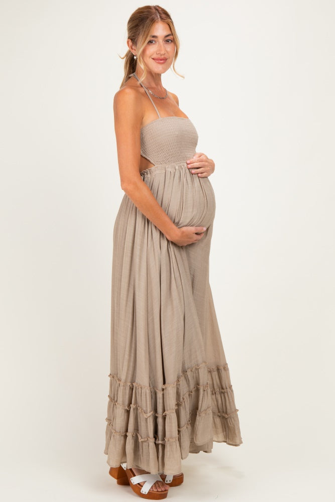 Beige Smocked Halter Open Back Maternity Maxi Dress