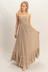 Beige Smocked Halter Open Back Maxi Dress