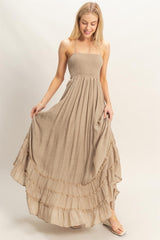 Beige Smocked Halter Open Back Maxi Dress
