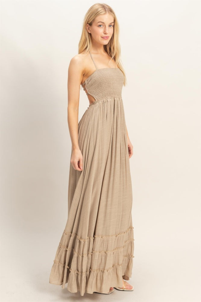 Beige Smocked Halter Open Back Maxi Dress
