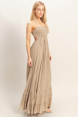 Beige Smocked Halter Open Back Maxi Dress