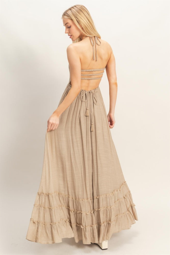 Beige Smocked Halter Open Back Maxi Dress