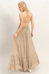 Beige Smocked Halter Open Back Maxi Dress