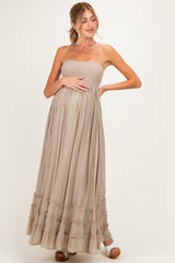 Beige Smocked Halter Open Back Maternity Maxi Dress