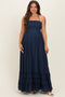 Navy Smocked Halter Open Back Maternity Maxi Dress