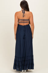 Navy Smocked Halter Open Back Maternity Maxi Dress