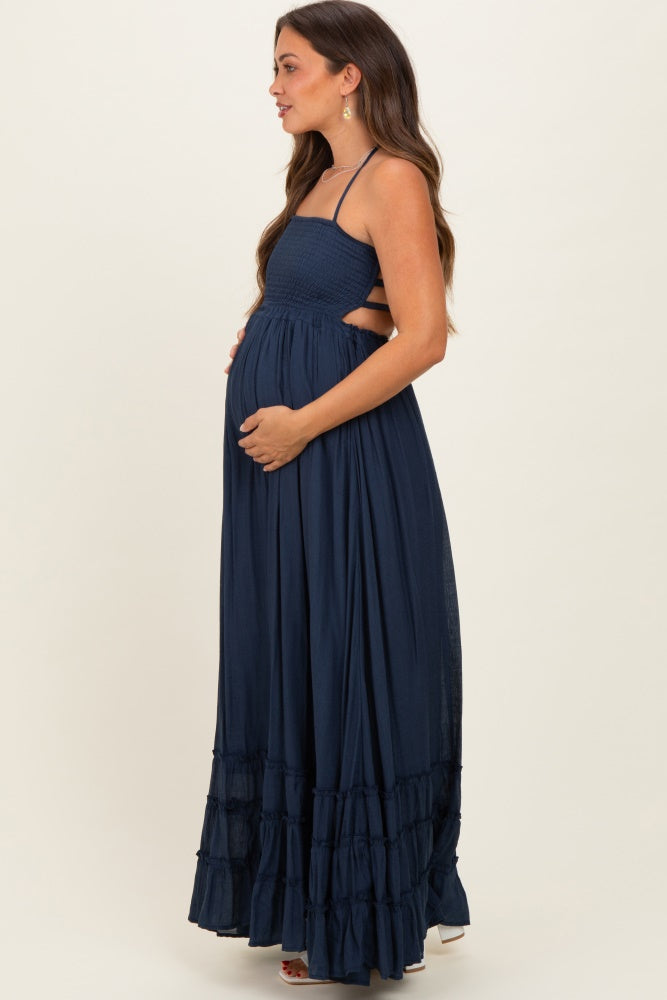 Navy Smocked Halter Open Back Maternity Maxi Dress